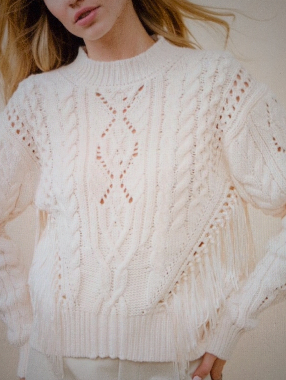 Vince Cream Cable Knit Fringe Cropped Sweater